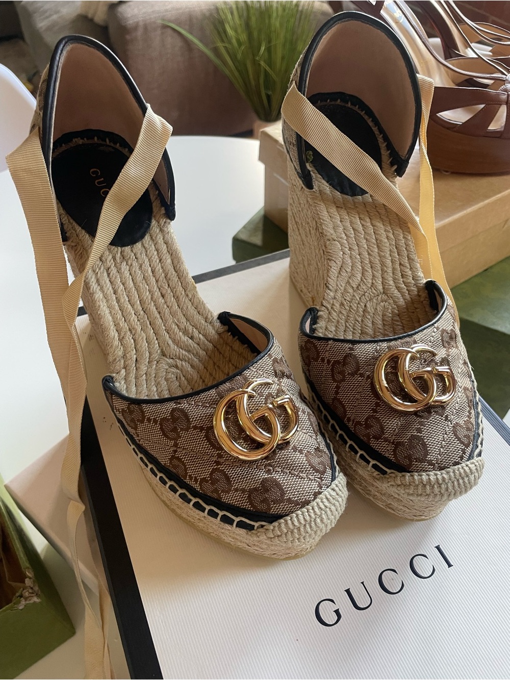 Gucci Beige/Brown GG Canvas Wedge Espadrille with Gold Logo